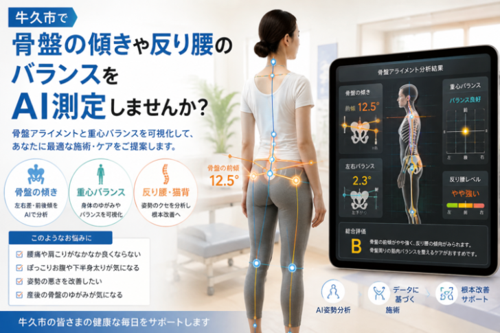 牛久市で骨盤の傾きや反り腰のバランスをAI測定するイメージ