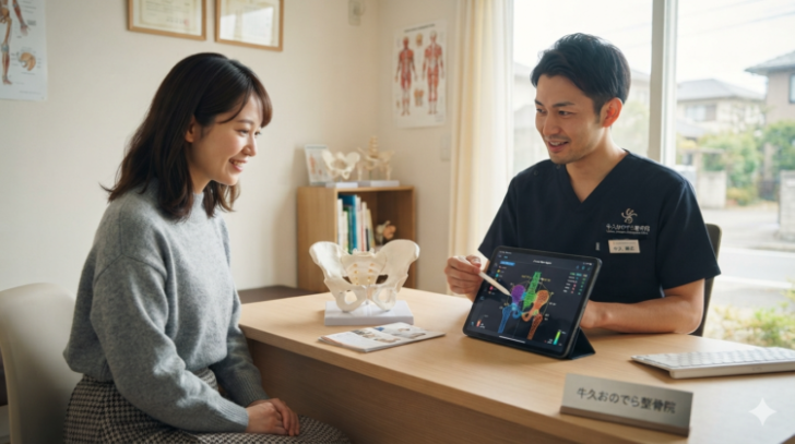 牛久市の蛯原接骨院にて、産後の女性がAI姿勢解析の骨盤測定データと骨盤模型を見ながら、院長から丁寧な説明を受けている様子