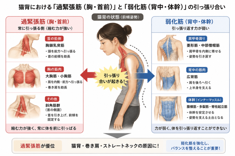 牛久市で猫背矯正をお探しの方に向けてお渡ししている筋肉の影響をイラストにした様子